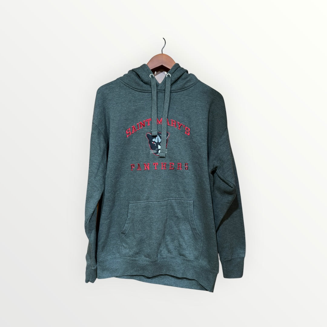 "SAINT MARY'S" Red Embroidered Lettering Fleece Hoodie Sweatshirt Dark Gray Size: L