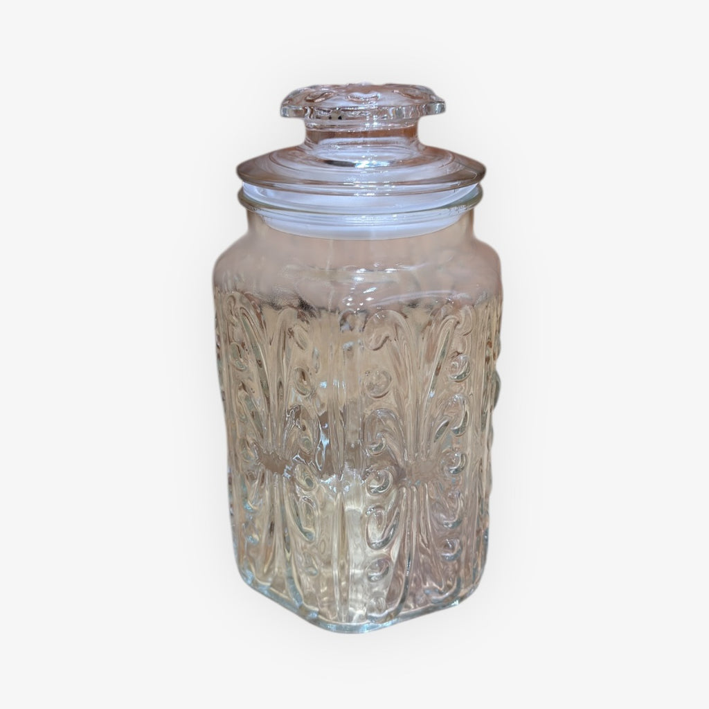 Vintage LE Smith Federal Glass Atterbury Scroll Lidded Canister