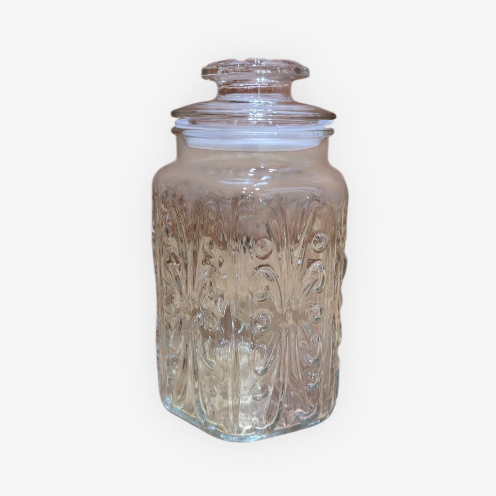 Vintage LE Smith Federal Glass Atterbury Scroll Lidded Canister