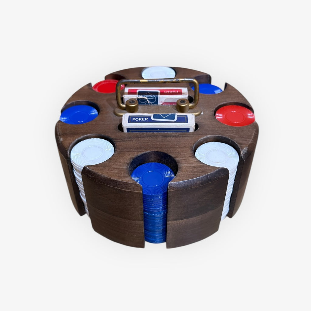 Vintage Poker Chip Caddy with Chips and Playing Cards