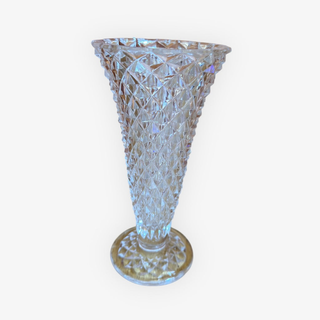 Vintage Indiana Glass Diamond Point Footed Vase 3.75"D x 8"H