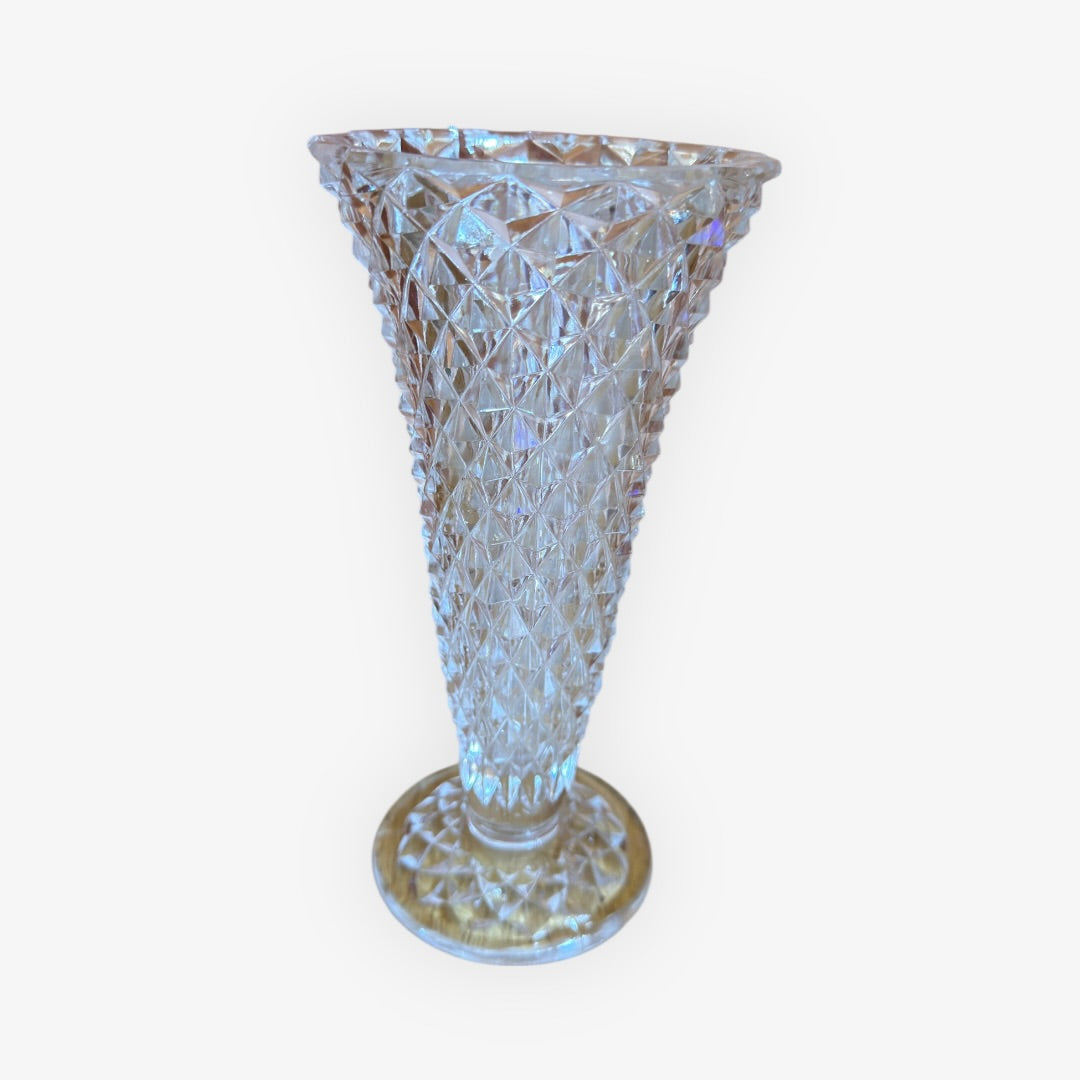 Vintage Indiana Glass Diamond Point Footed Vase 3.75"D x 8"H