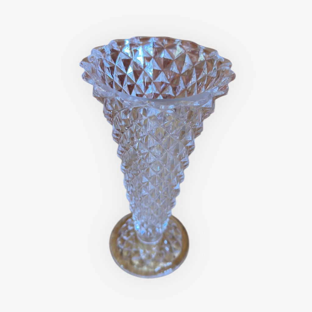 Vintage Indiana Glass Diamond Point Footed Vase 3.75"D x 8"H