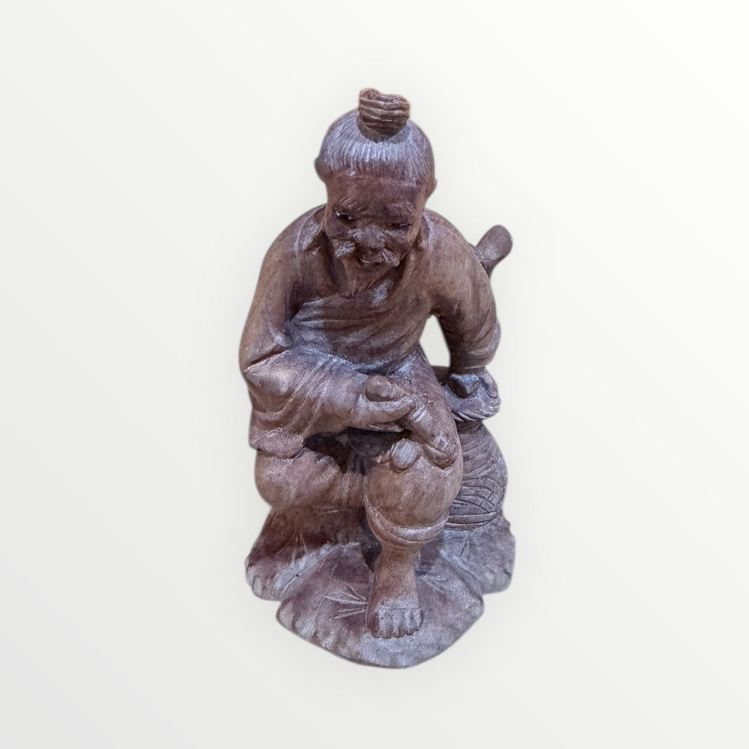 Vintage Hand Carved Chinese Statue Fisherman with Basket & Fish 4.5"H