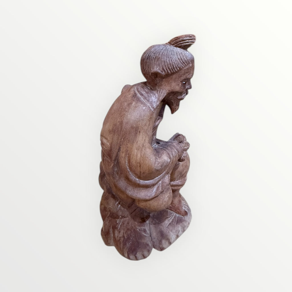 Vintage Hand Carved Chinese Statue Fisherman with Basket & Fish 4.5"H