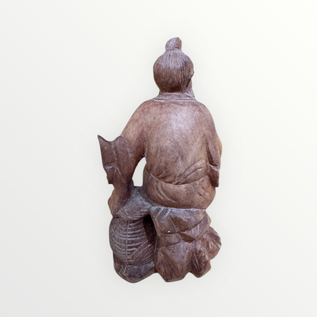 Vintage Hand Carved Chinese Statue Fisherman with Basket & Fish 4.5"H
