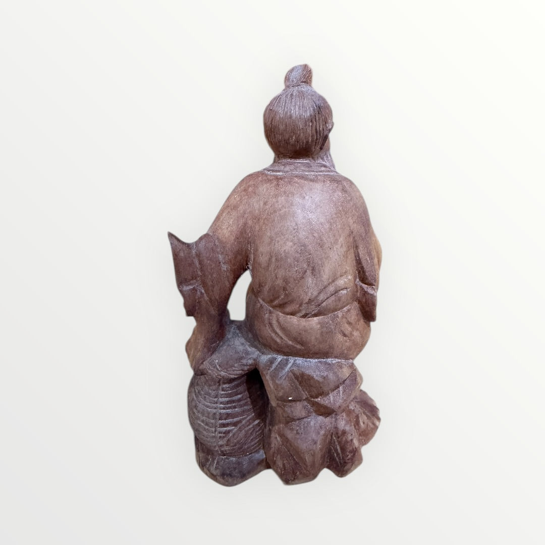 Vintage Hand Carved Chinese Statue Fisherman with Basket & Fish 4.5"H