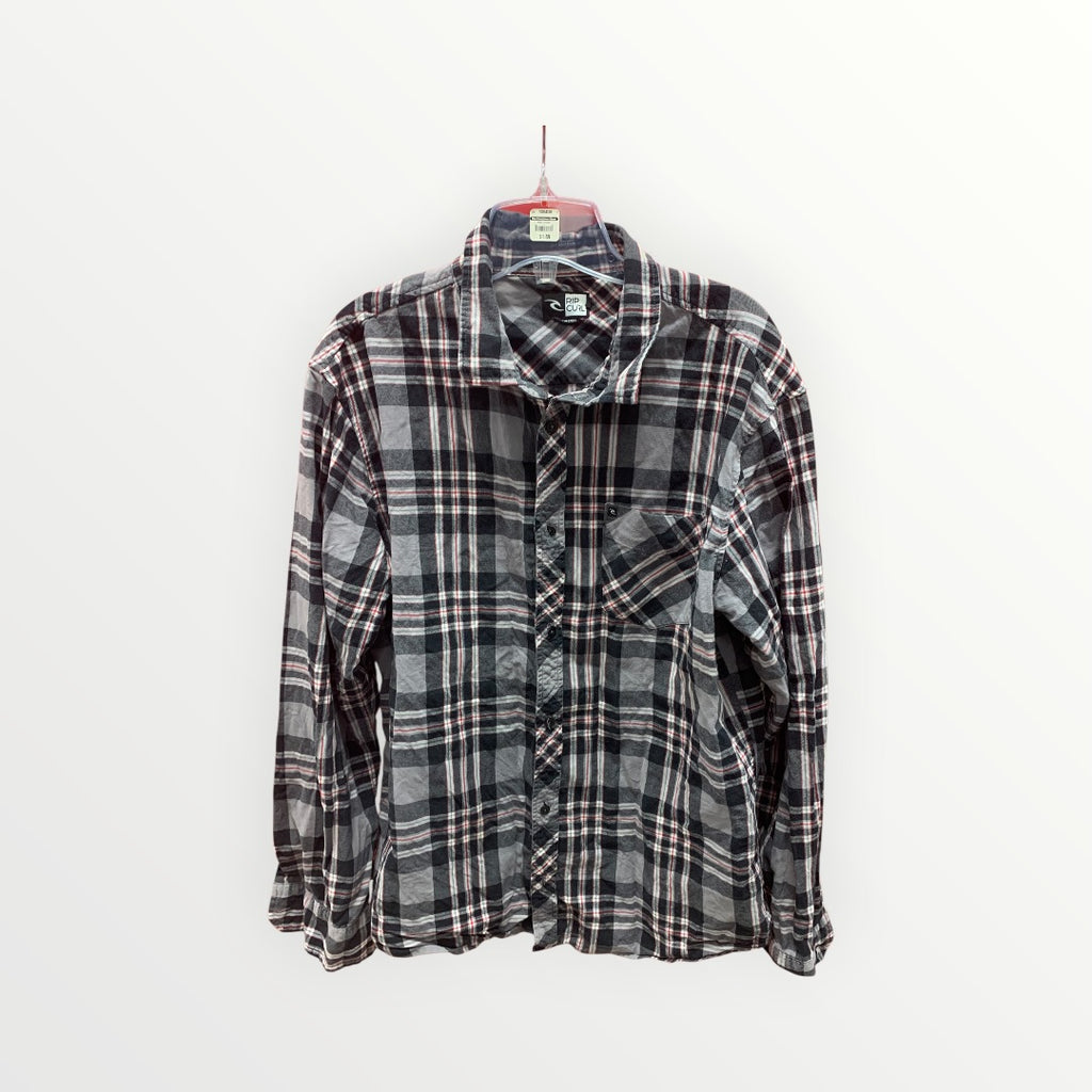 Rip Curl Grey and Red Plaid Cotton Flannel - Size L