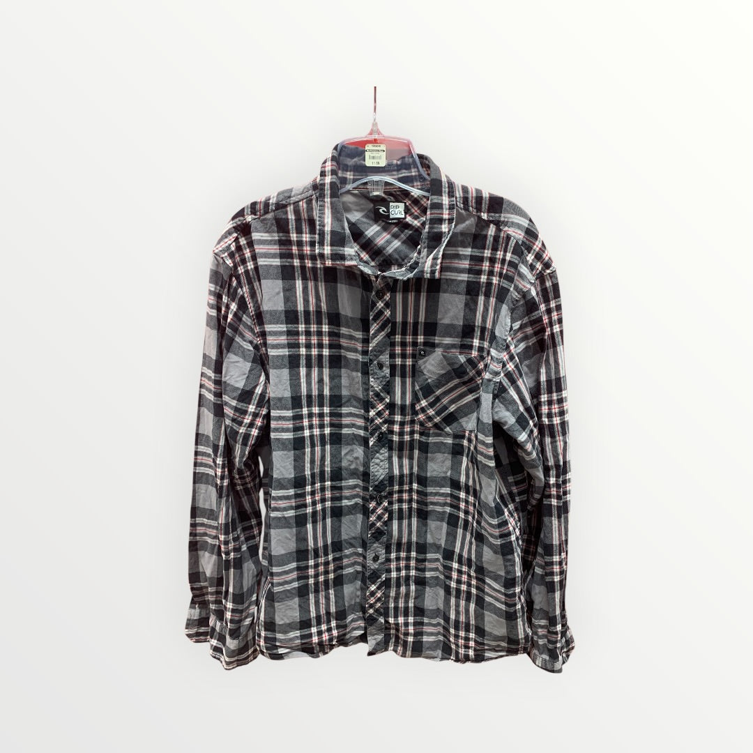 Rip Curl Grey and Red Plaid Cotton Flannel - Size L