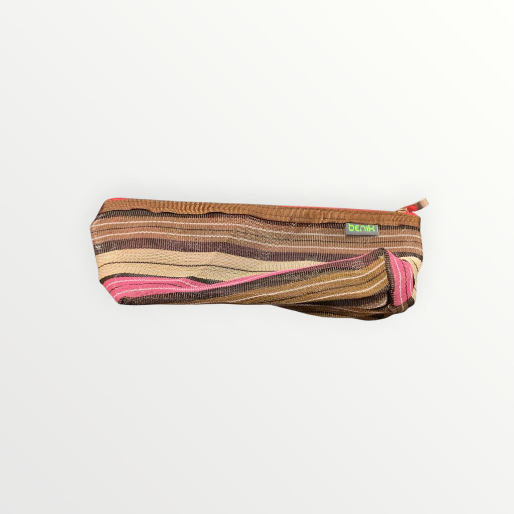 Benik Tan and Pink Mesh Multipurpose Fabric Zippered Pouch/Pencil Case - 3.5" x 9"