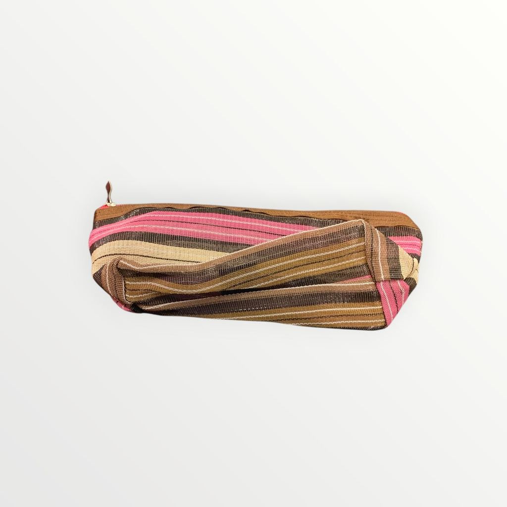 Benik Tan and Pink Mesh Multipurpose Fabric Zippered Pouch/Pencil Case - 3.5" x 9"