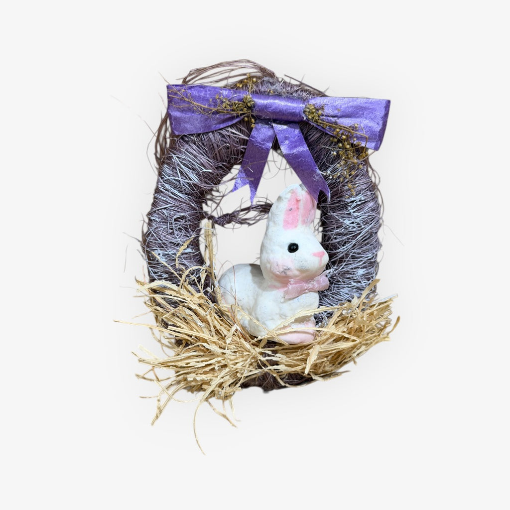 Vintage Handmade Mini Easter Bunny Wreath Ornament 5"H Purple