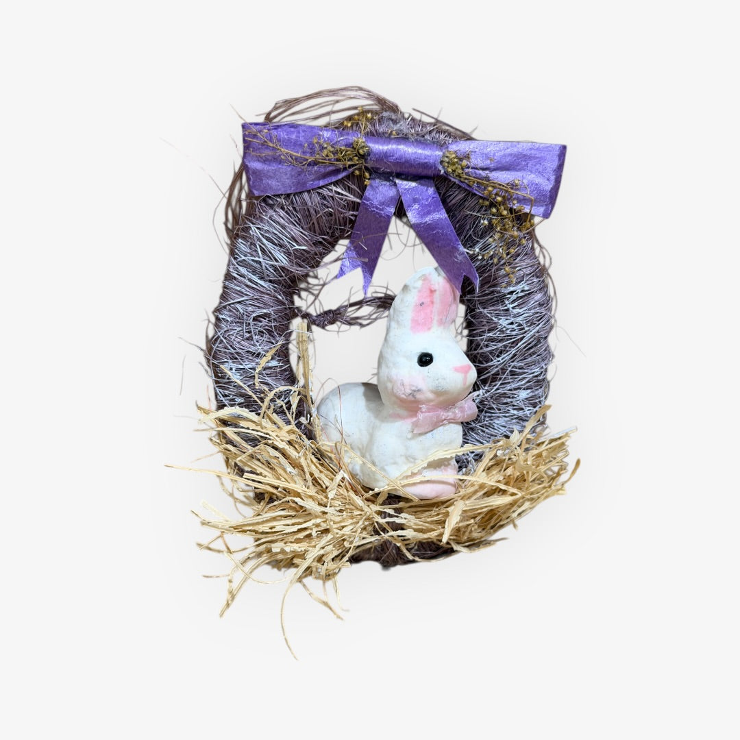 Vintage Handmade Mini Easter Bunny Wreath Ornament 5"H Purple