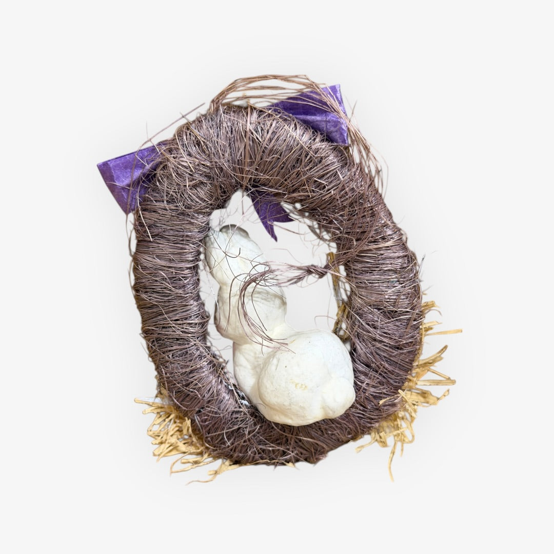 Vintage Handmade Mini Easter Bunny Wreath Ornament 5"H Purple