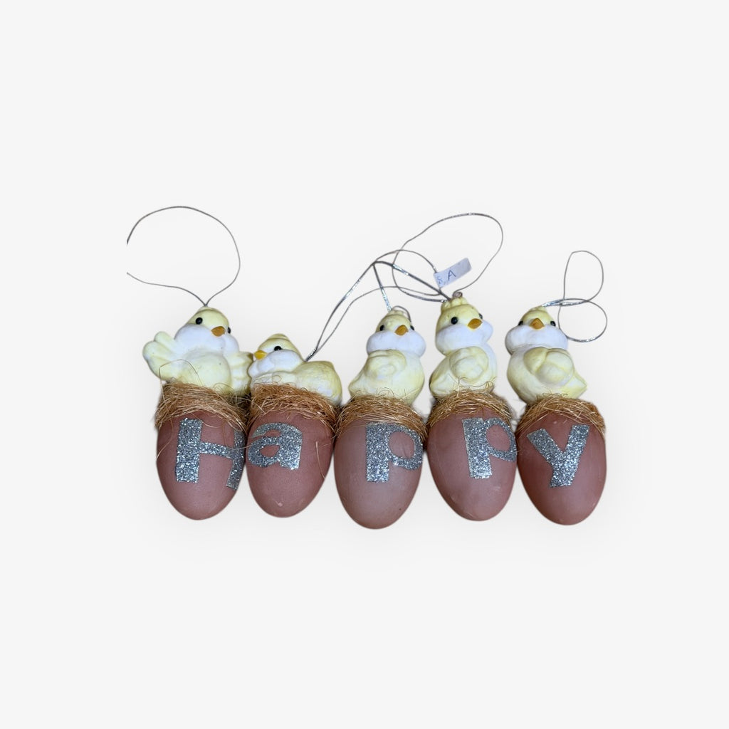 Set of 5 Vintage "Happy Easter" Chick-in-egg Handmade ornaments 5.5"H