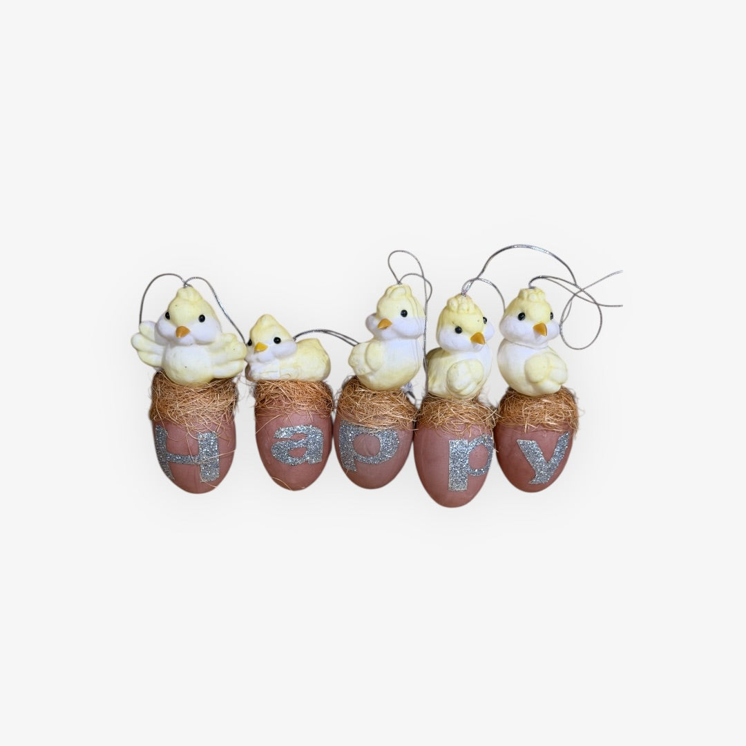 Set of 5 Vintage "Happy Easter" Chick-in-egg Handmade ornaments 5.5"H
