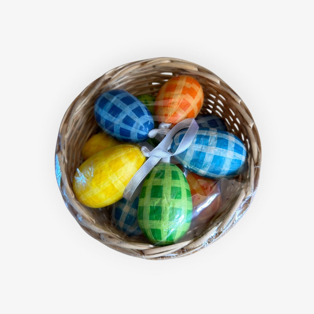 Vintage Handmade Decorative Easter Eggs in Woven Basket Pack of 10,