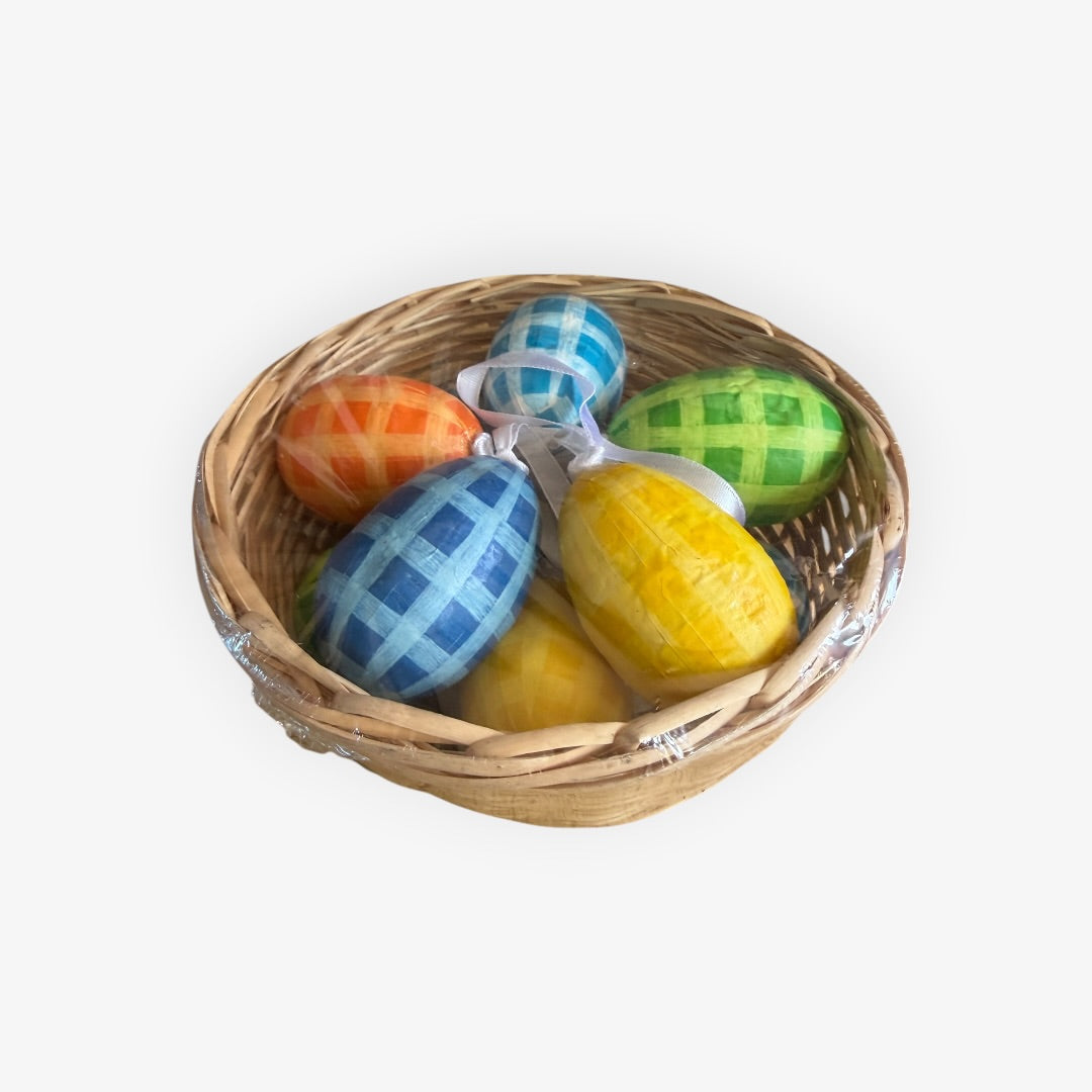 Vintage Handmade Decorative Easter Eggs in Woven Basket Pack of 10,