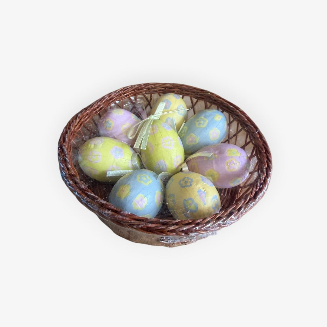 Vintage Hand-crafted Decorative Easter Egg Sets in Basket Pack of 8