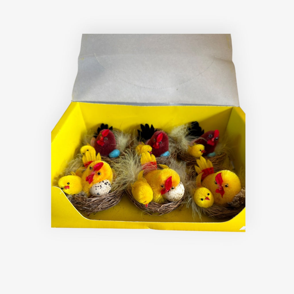 Vintage Hand-crafted Chenille Chicken Families (including Hens and Roosters) Pack of 6, 2.5"D