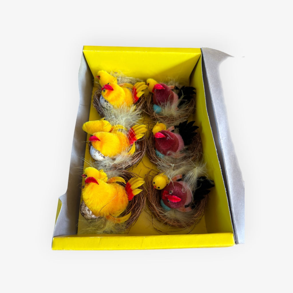 Vintage Hand-crafted Chenille Chicken Families (including Hens and Roosters) Pack of 6, 2.5"D