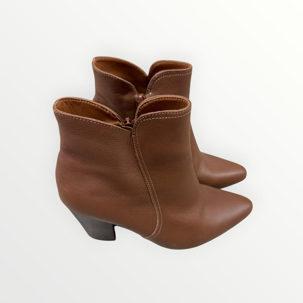 Women's Brown Leather Block Heel Ankle Boots Size: 6