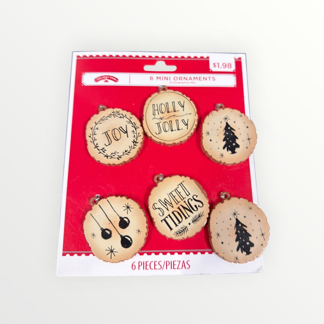 Set of Holiday Time Mini Ornaments featuring six rustic wood-slice designs.