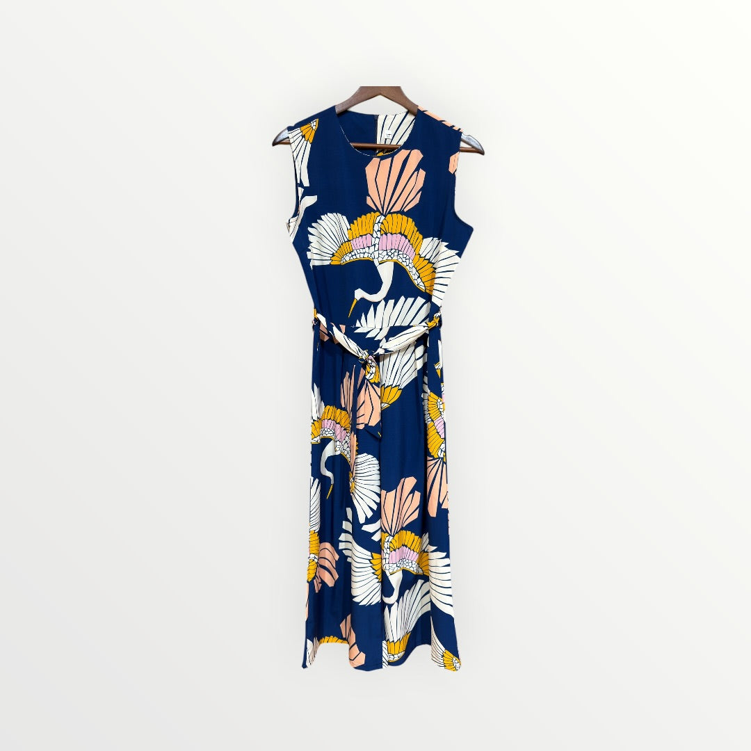 Cranes Print Belted Wide-leg Jumpsuit w/Pockets Size: M