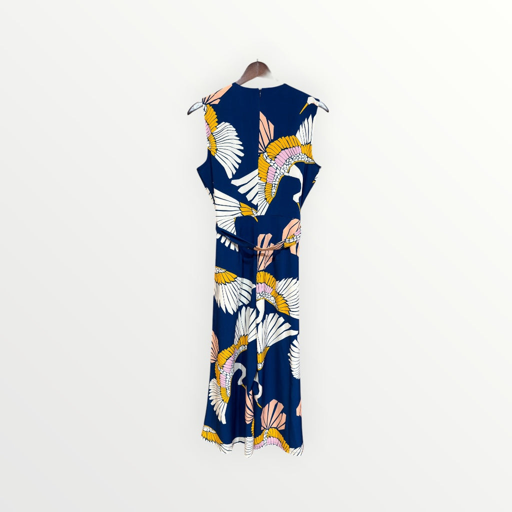 Cranes Print Belted Wide-leg Jumpsuit w/Pockets Size: M