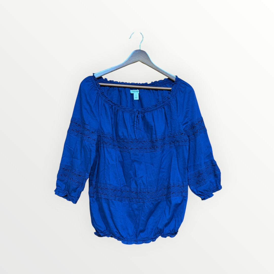 Old Navy 100%b Cotton Peasant Blouse Dark Blue 3/4 Sleeve Crochet Size: SP