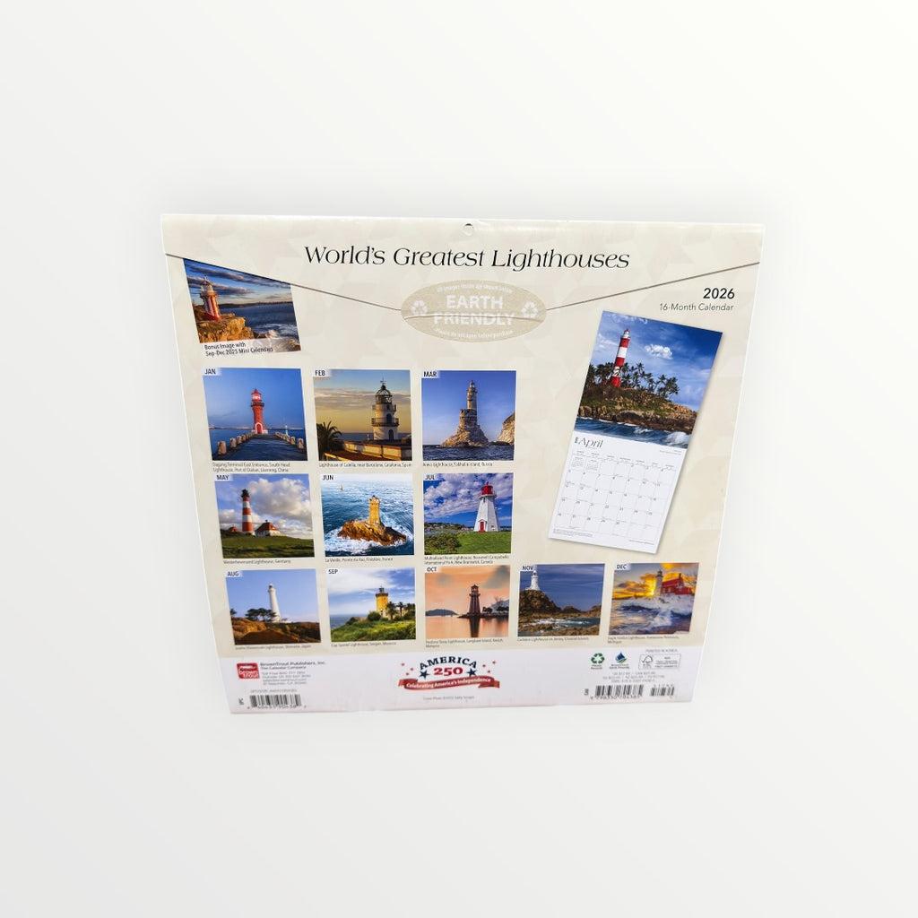 BrownTrout Publishers WORLD'S GREAST LIGHTHOUSES 2026 16-Month Calendar 12" x 12"