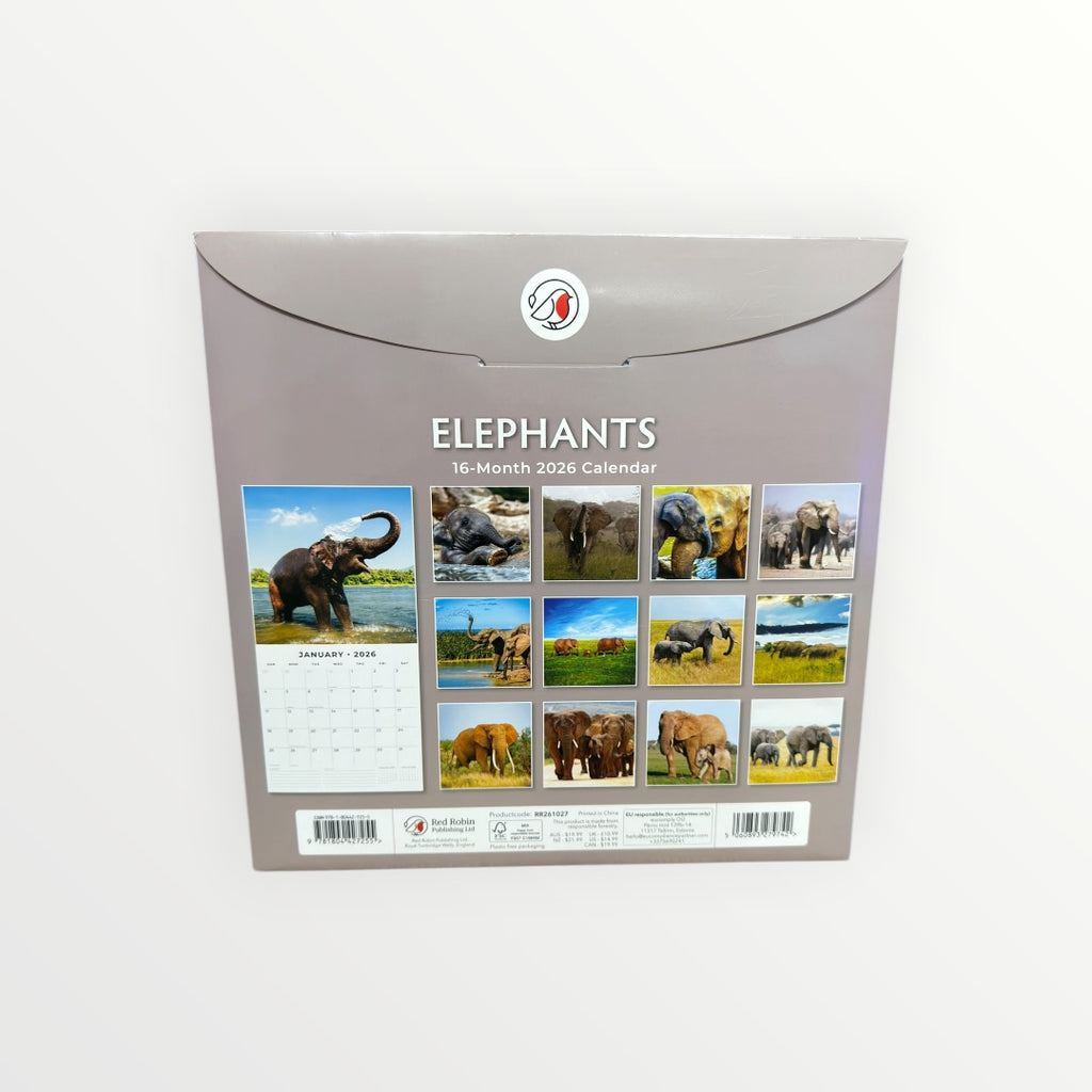 RED Robin Publishing ELEPHANTS 2026 16-Month Calendar 12" x 12"