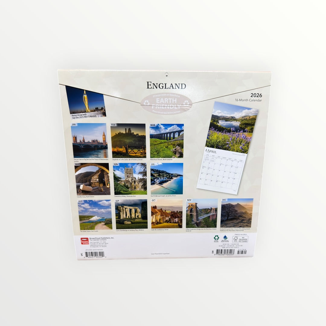 BrownTrout Publishers ENGLAND 2026 16-Month Calendar 12" x 12"