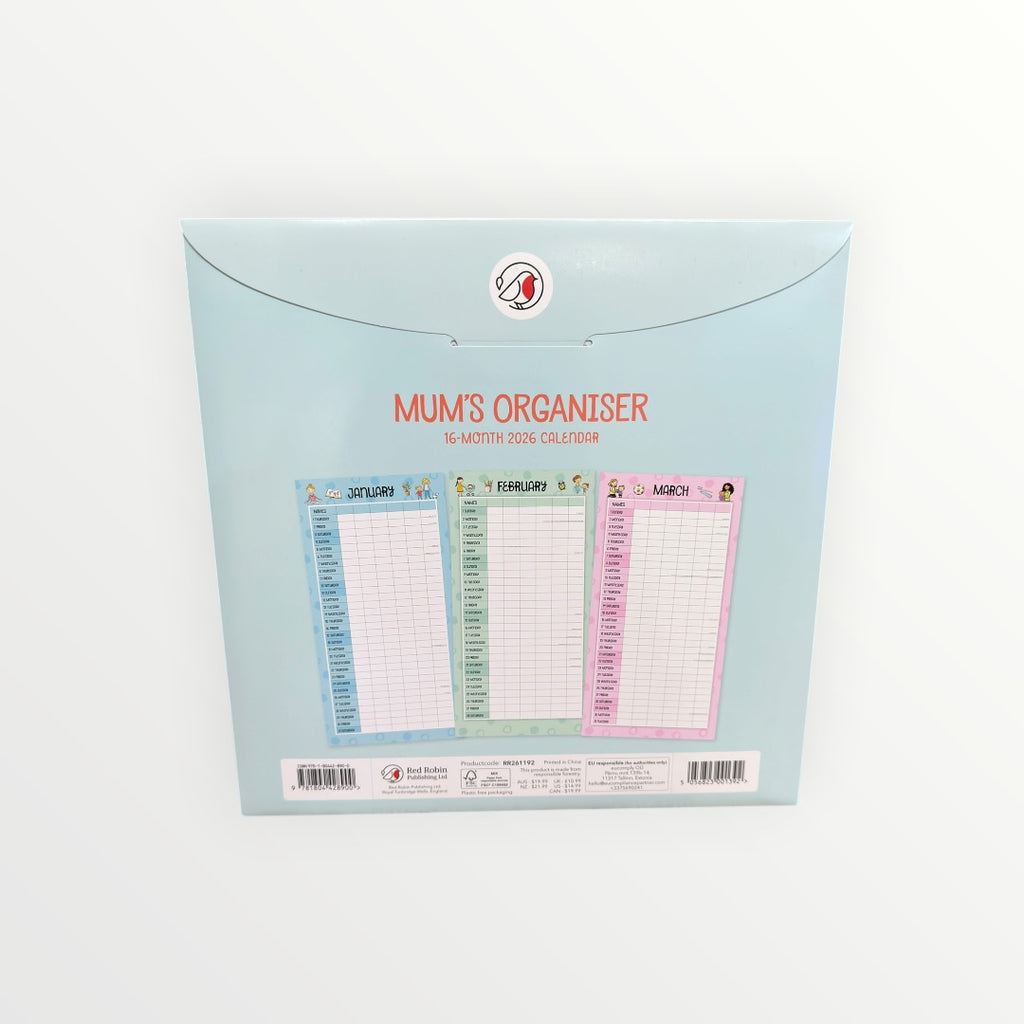 Red Robin Publishing MUM'S ORGANISER 2026 16-Month Calendar 12" x 12"