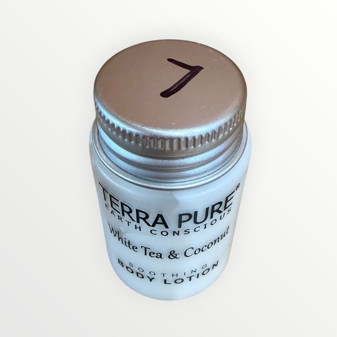 Terra Pure Earth Conscious White Tea & Coconut Soothing Body Lotion 1 oz travel size.