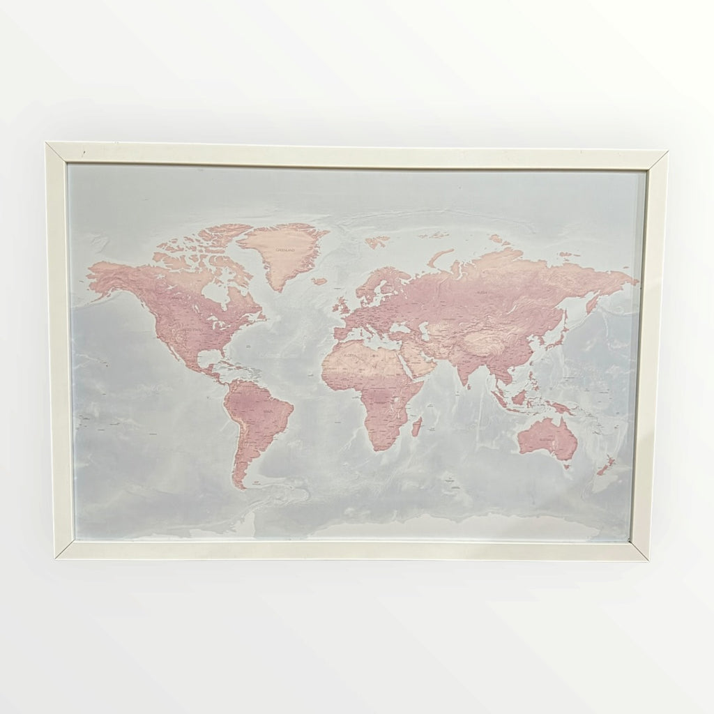 Large Wooden Framed Pink Push Pin World Map Wall Art 38" x 28"