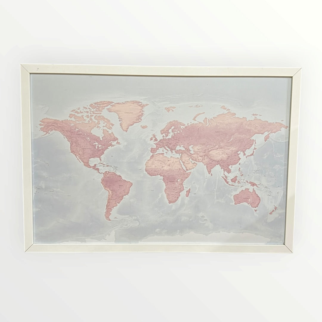 Large Wooden Framed Pink Push Pin World Map Wall Art 38" x 28"