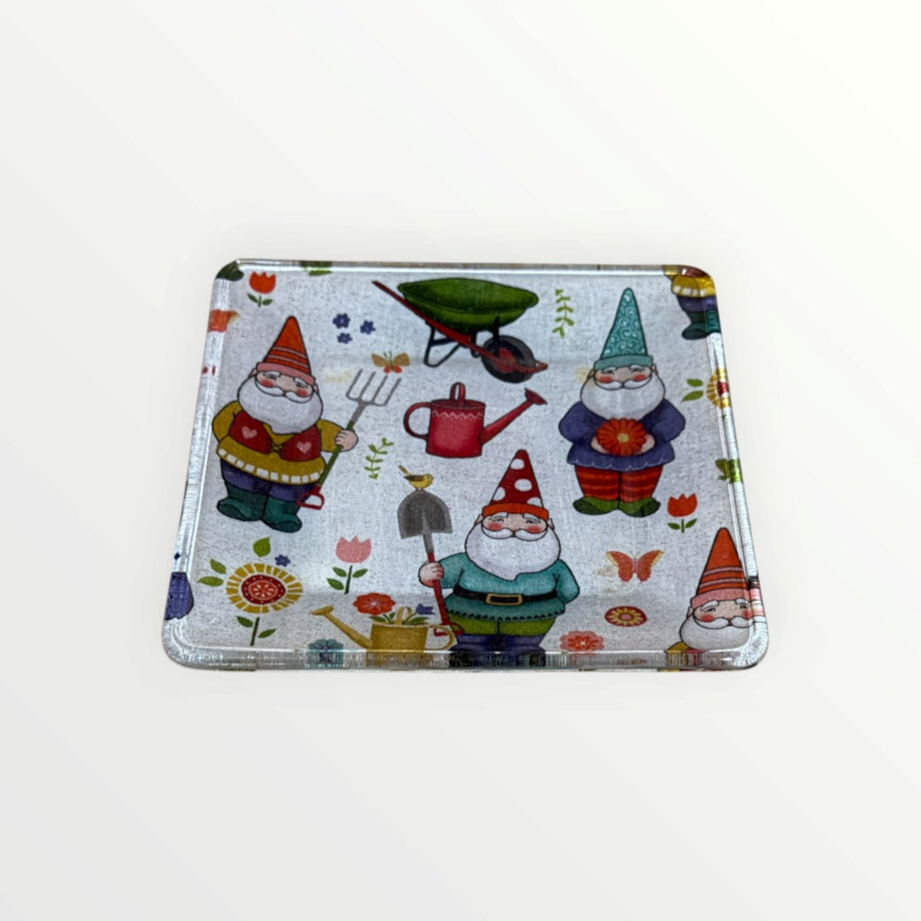 Garden Gnomes Decoupage Glass Plate 6"x 6"