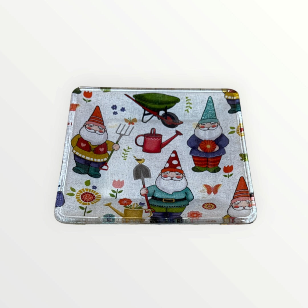 Garden Gnomes Decoupage Glass Plate 6"x 6"