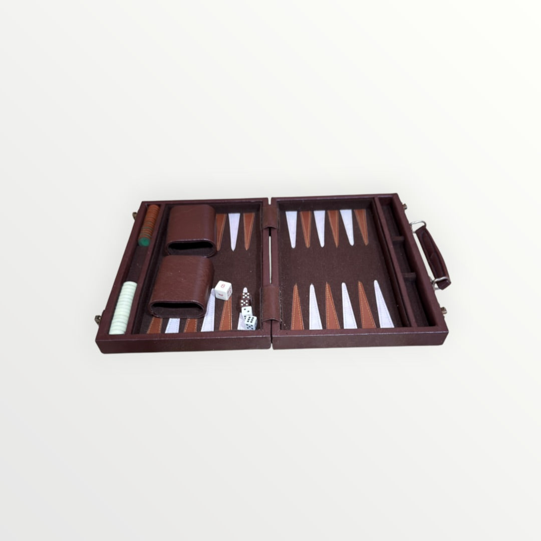 Vintage Backgammon Set In Brown Faux Leather Case 10" x 7.5" x 2"