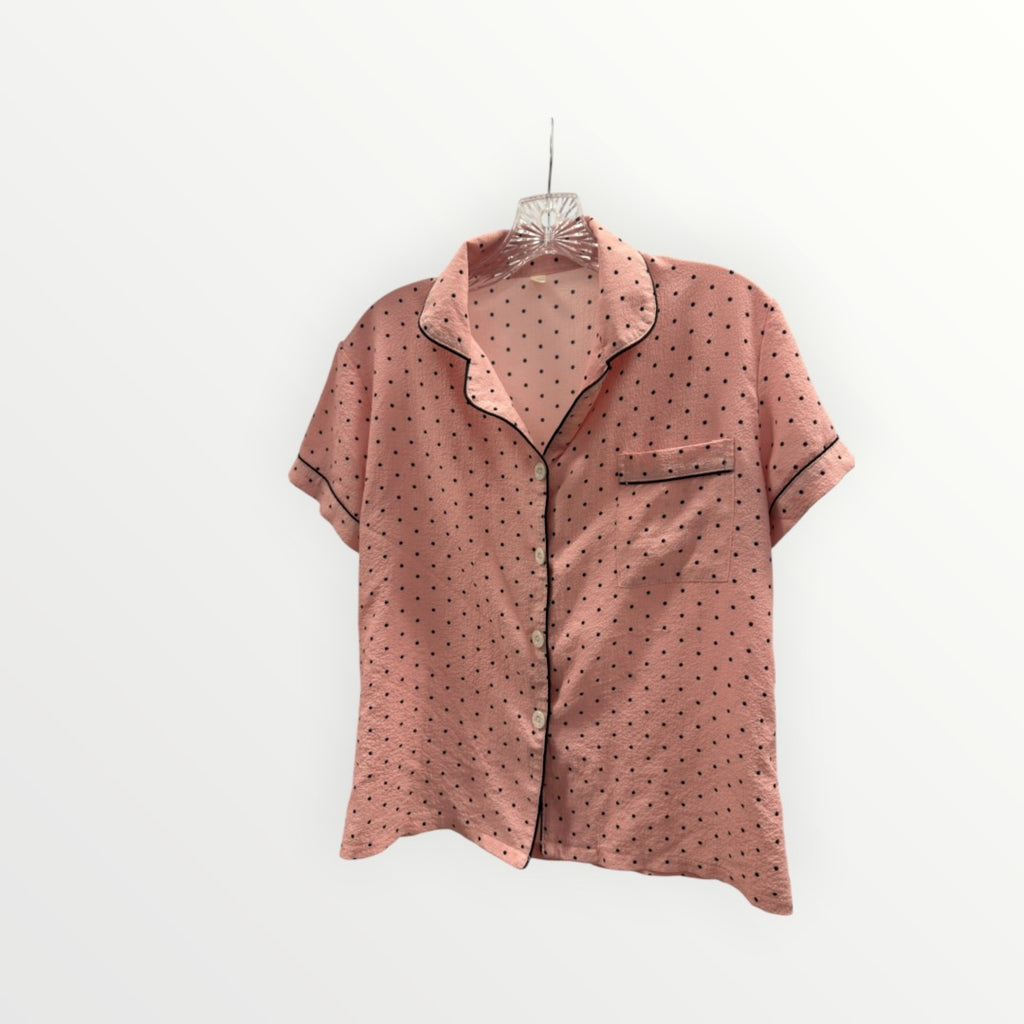 Women Mini Polka Dot Print Short Sleeve Button-Up Top And Bowknot Shorts Pajama 2pc Set Size: S