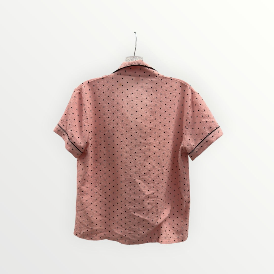 Women Mini Polka Dot Print Short Sleeve Button-Up Top And Bowknot Shorts Pajama 2pc Set Size: S