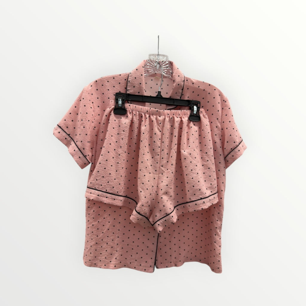 Women Mini Polka Dot Print Short Sleeve Button-Up Top And Bowknot Shorts Pajama 2pc Set Size: S