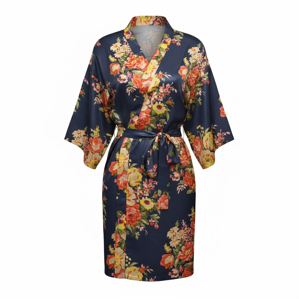 Women's Silk Floral Satin Kimono Short Robe Size: S