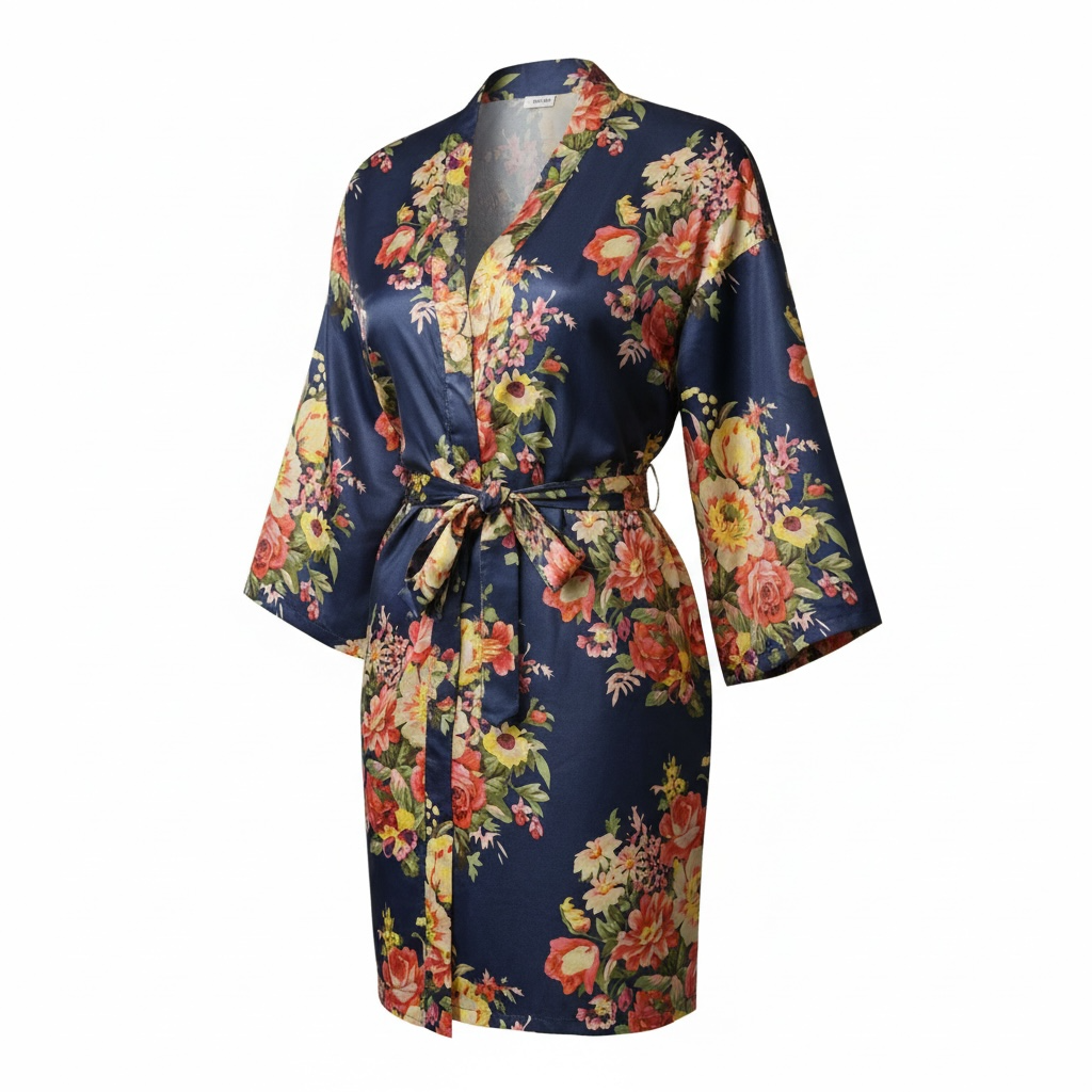 Women's Silk Floral Satin Kimono Short Robe Size: S