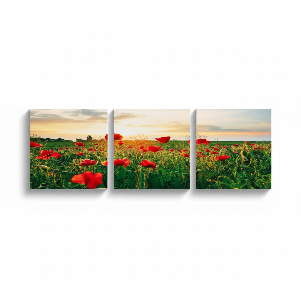 Wooden Triptych Wall Art "Poppy Field at Sunset"
