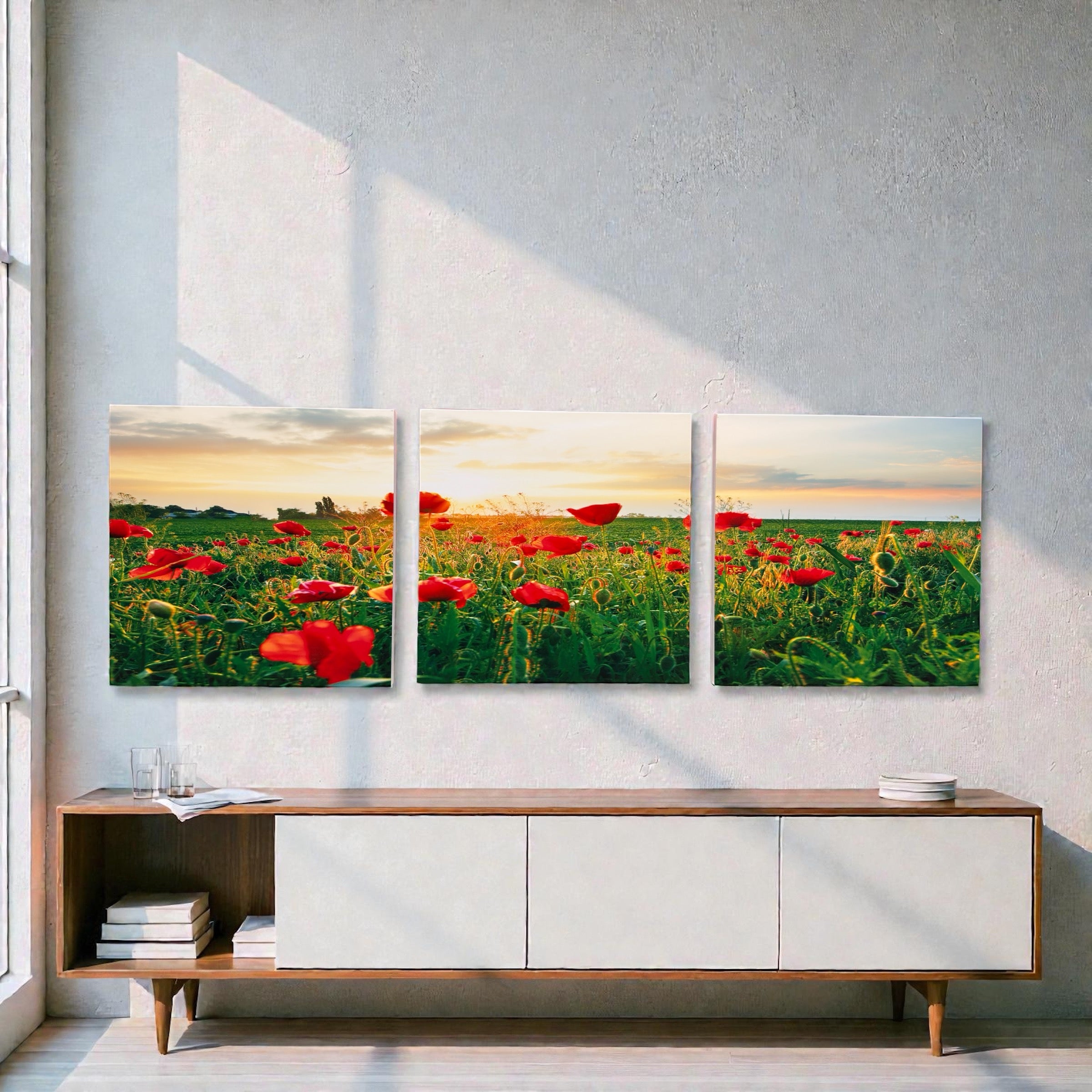 Wooden Triptych Wall Art "Poppy Field at Sunset"