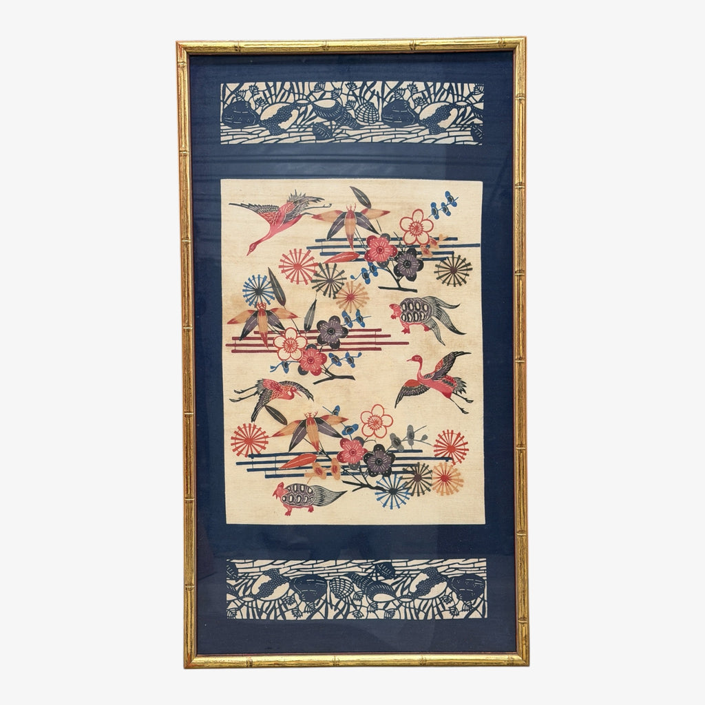 Vintage 1960s Professional Framed Bingata Okinawan Textile, Ryukyu, Japan