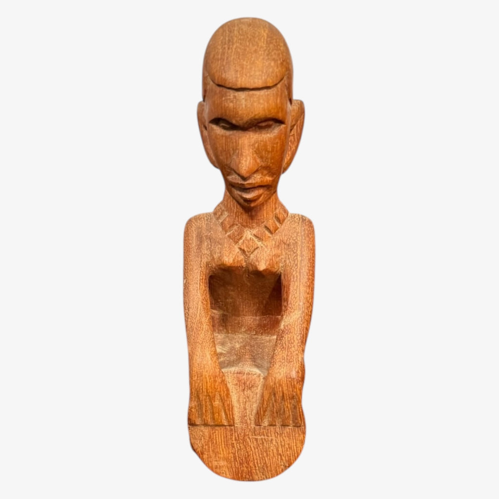 Vintage Hand-Carved African Folk Art Wooden Figure "Men Playing a Drum" 6"H