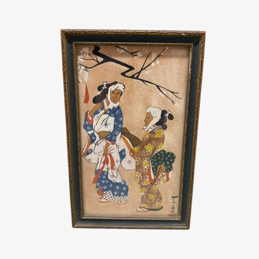 Antique Edo Japan Ukiyo-e Bijin-ga "Women Under Sakura" Framed Wall Art